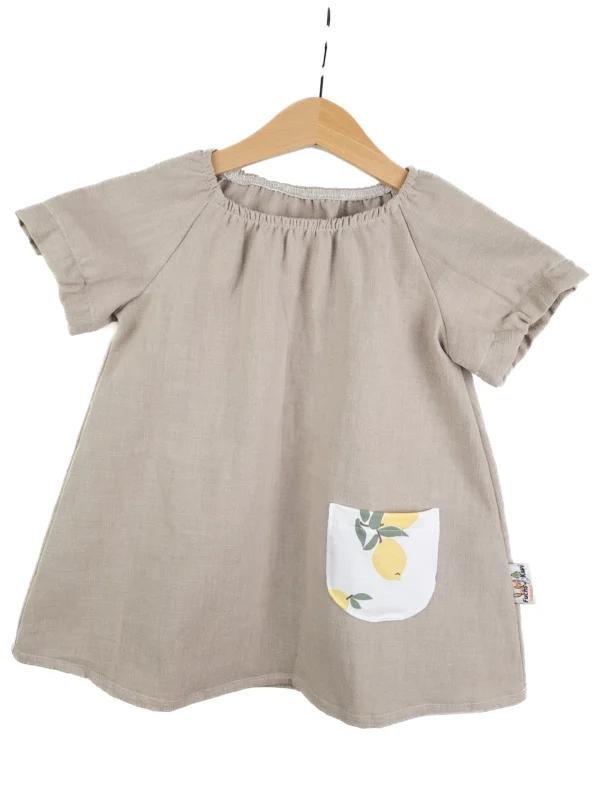 Individuell Kurzarmkleid Leinen sand mit Zitronen 86/92